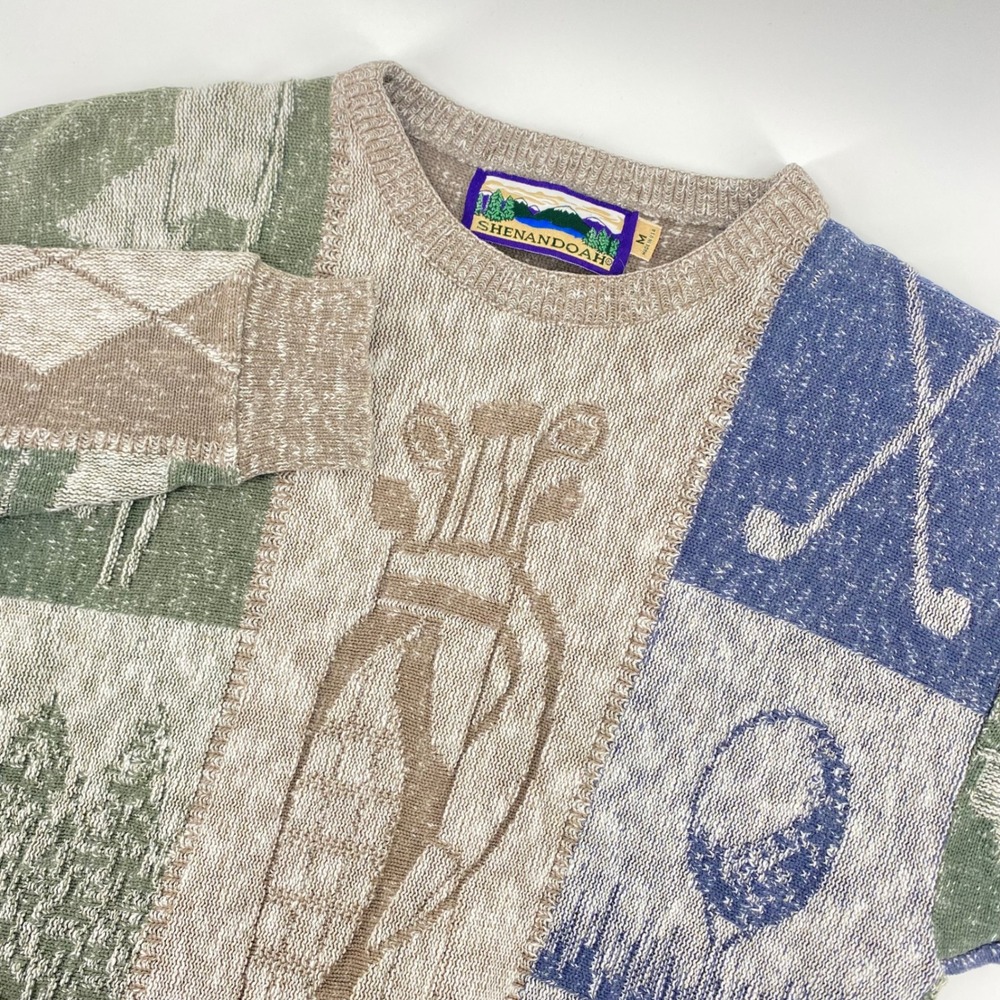 Shenandoah Golf Motif Sweater Mens Medium Multi Color Vintage Intarsia Knit